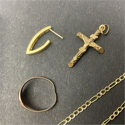 14ct gold earring and a collection of 9ct gold jewellery, including crucifix pendant, cross pendant necklace, signet ring and necklace chain