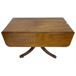 19th century mahogany Pembroke table, moulded drop-leaf rectangular top with rounded corners, fitted with single end drawer, turned pedestal on four reed moulded supports, brass castors