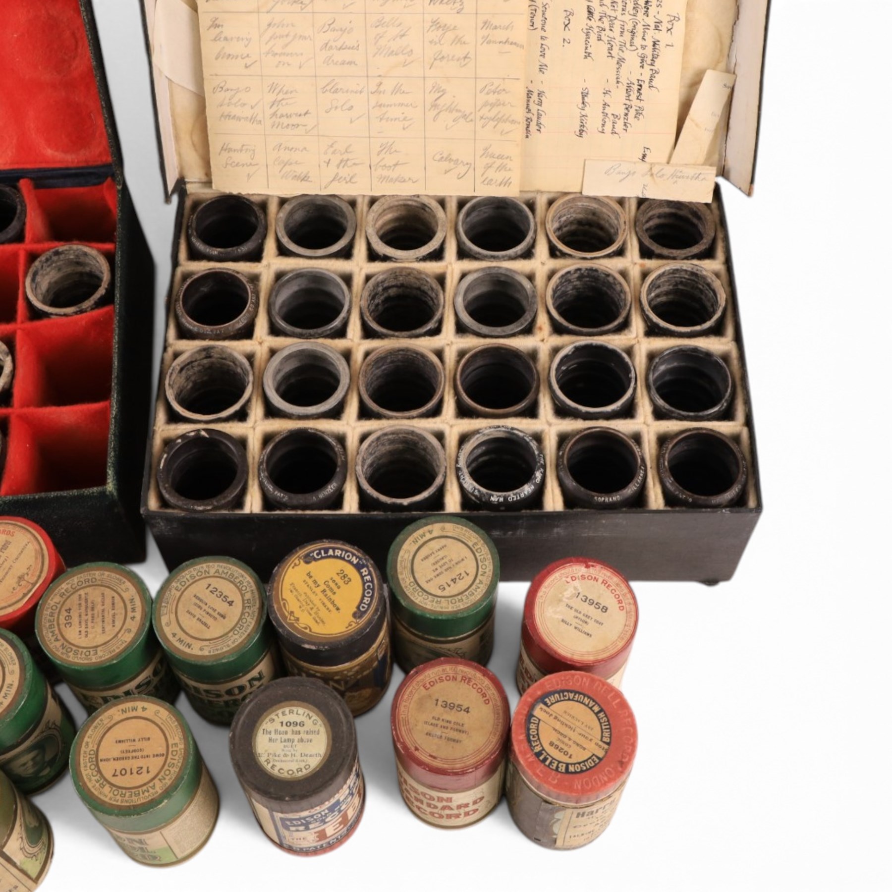 Early 20th century Edison Standard phonograph, in oak case, serial number S179930, together with a large brass phonograph horn and a collection of wax cylinders