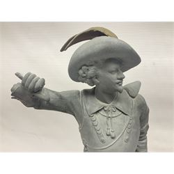 Pair of spelter figures modeled as Cavaliers, together with a spelter figure of Joan of Arc, largest H52cm