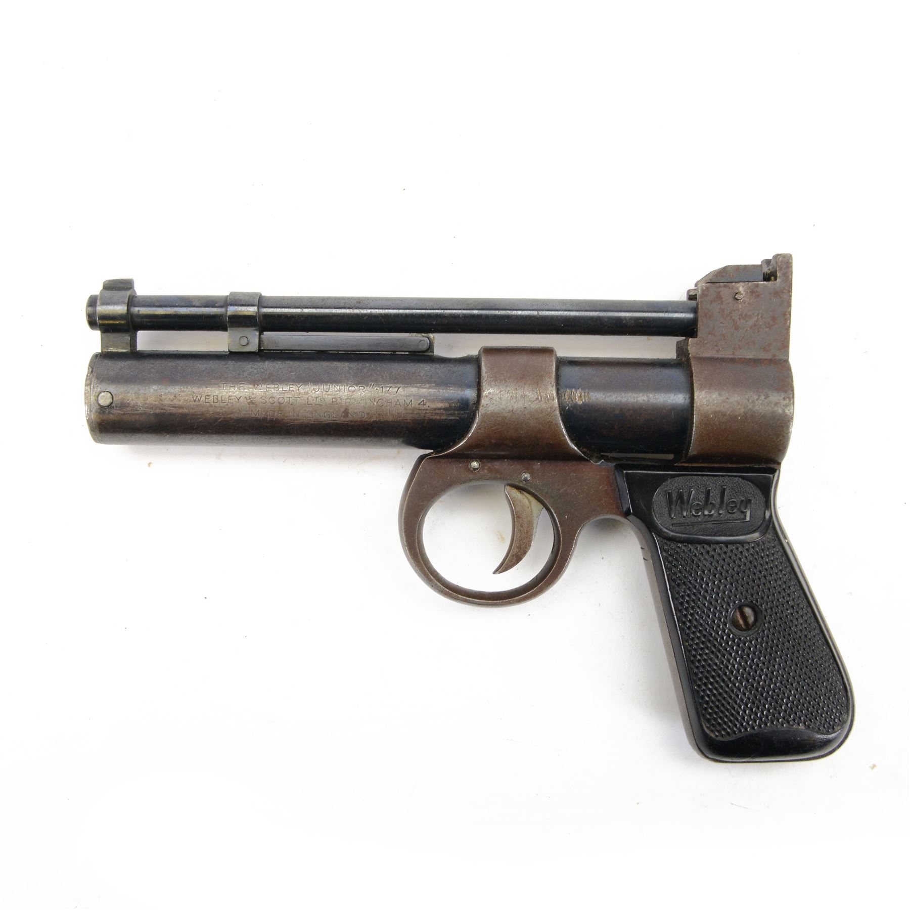 Webley Junior .177 air pistol, batch 385, the air chamber marked 'The Webley 