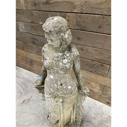 Pair of cast stone garden dogs and 2 female figures,