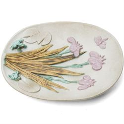 Bernard Rooke (1938-) - Studio pottery shallow dish with a raised pattern of lily pads, iris, frogs and dragon fly W31cm with Bernard Rooke paper label from The Mill Gallery, Swilland, Ipswich and incised 'B R' to the reverse