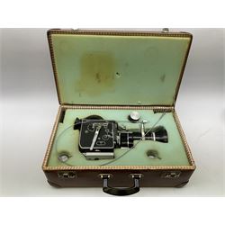 Paillard Bolex H16 Reflex 16mm cine camera with handgrip and turret for interchangeable lenses, KERN Vario-Switar 1:1,9 f=16-100mm POE BOLEX H16RX lens, KERN Switar 1:1,4 f=25mm H16 RX lens, KERN Switar 1:1,9 f=75mm lens, KERN Switar 1:1,6 f=10mm H16 RX lens