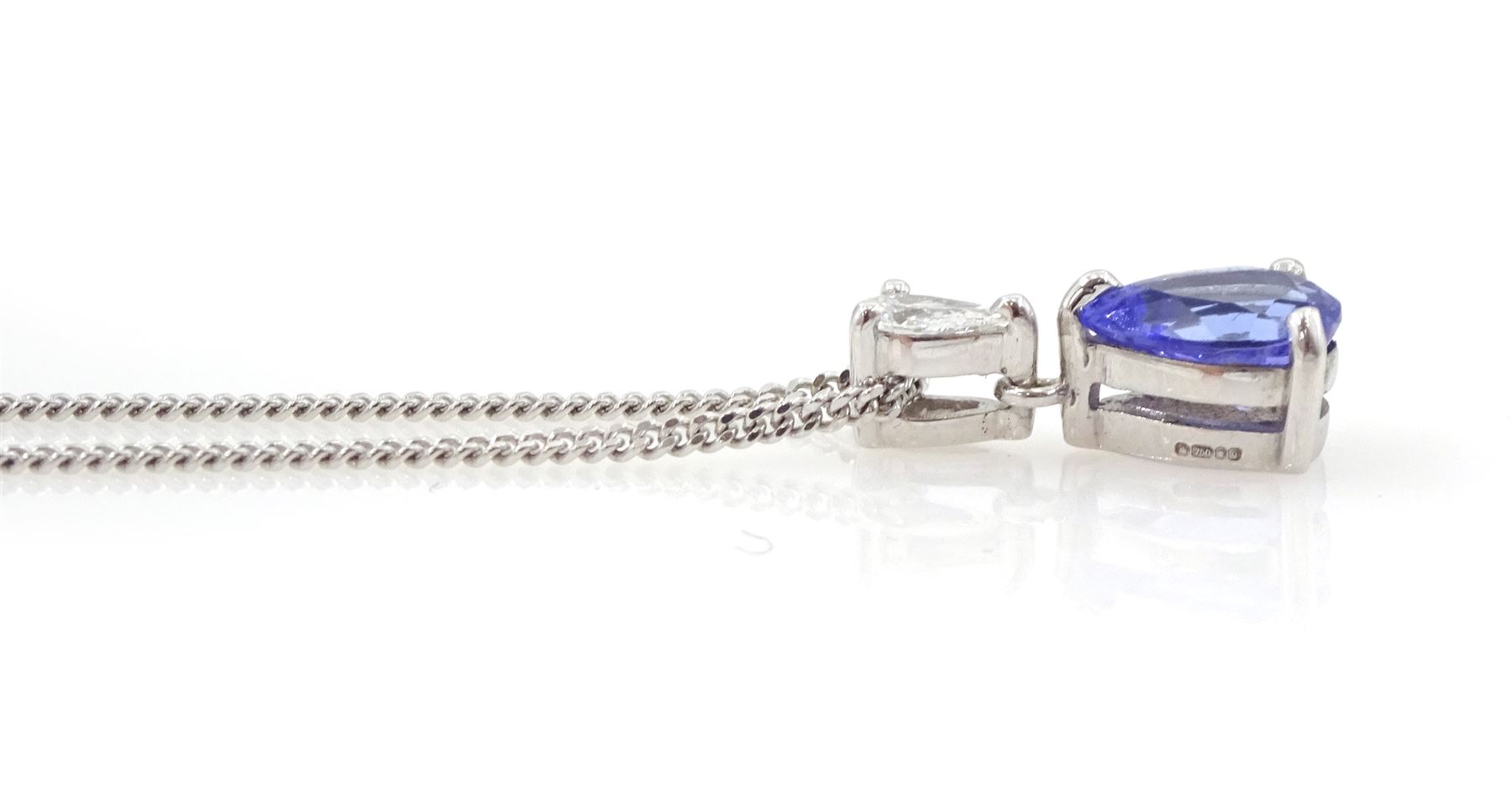 18ct white gold pear cut tanzanite and pear cut diamond pendant necklace, tanzanite approx 1.20 carat, diamond approx 0.15 carat