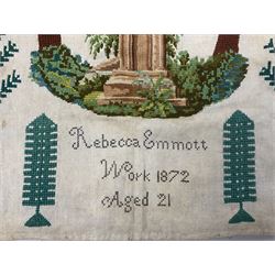 Victorian needlework  picture and verse sampler, 'In memory of Joshua Thomas who died Sep 22nd 1871 age 45', worked by Rebecca Emmott 1872 age 21, H66cm, W61cm 