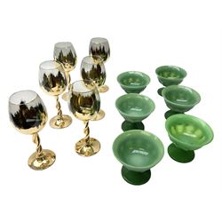 Set of six Art Deco style green glass sundae dishes, H9cm along with set of six Bohemian style glasses with twisted gilt stems