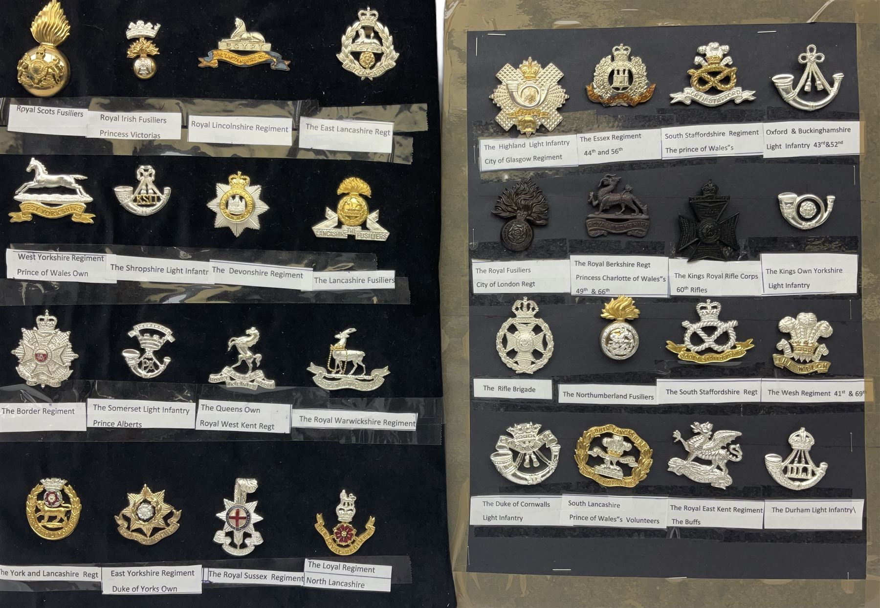 Collection of thirty-two reproduction military badges, including Royal Scots Fusiliers, Royal Lincolnshire Regiment, The Boarders Regiment etc. 