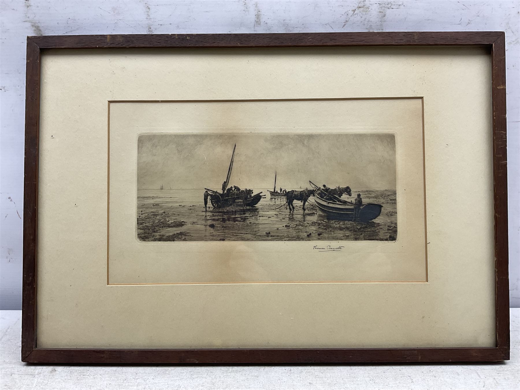 Thomas Barrett (Staithes Group 1845-1924): 'Pilchard Boats', drypoint etching signed in pencil 10cm x 26cm; together with a letter from the artist gifting the print to his student Mabel Annie Levy (1884-1967).