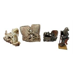 Three soapstone carvings, to include three toed dragon example, carved example with monkeys and another similar, together with carved wood figure, largest L29cm 