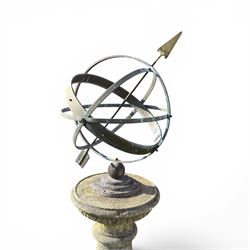 Impressive Haddon stone armillary sundial, raised on column pedestal with octagonal base, seated on weathered sectional plinth, measurements without plinth.
Plinth: 140cm x 140cm