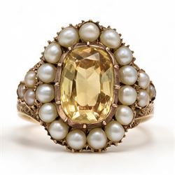 Georgian gold yellow topaz (possibly imperial) and split pearl cluster ring, collect set w...