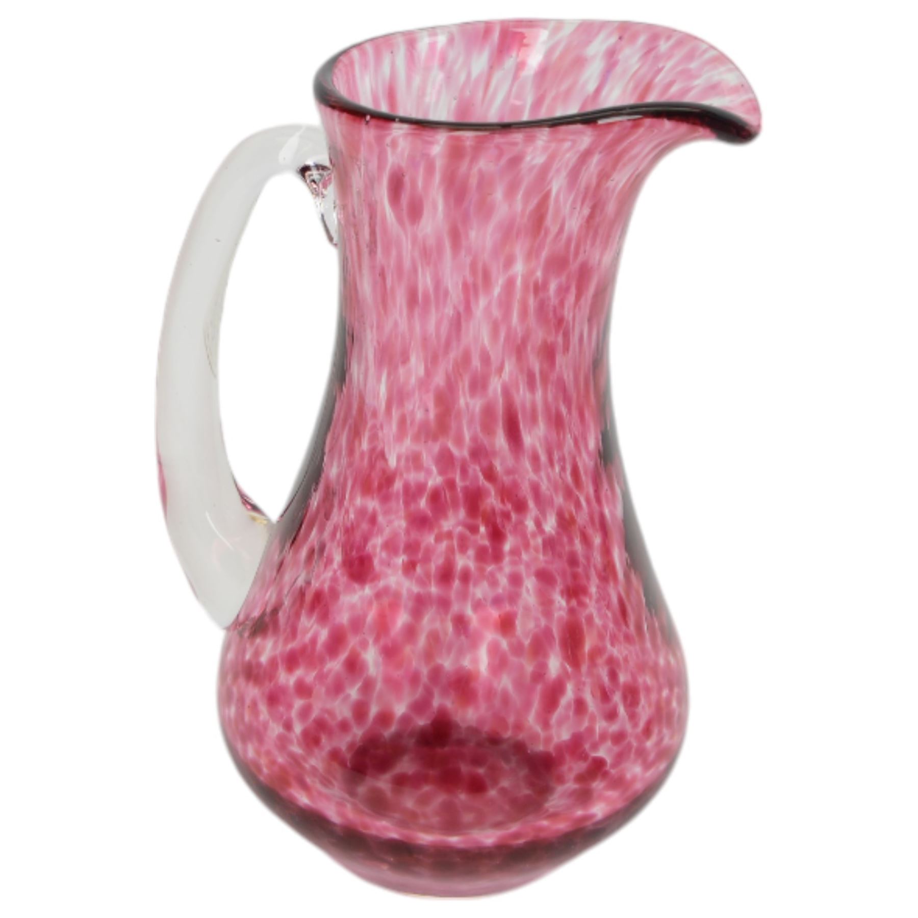 Collection of 19th century and later coloured glass, including pair of pink mottled lustre vases, orange jug with dimpled decoration, cranberry glass, etc 