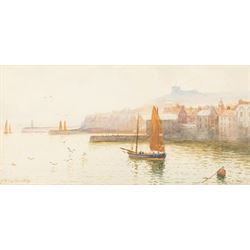 S E Hall (British fl.1910-1930): 'A Grey Day in Scarborough' and 'A Bit of Old Whitby', pair of watercolours signed and titled, in matching frames 20.5cm x 42.4cm (2)