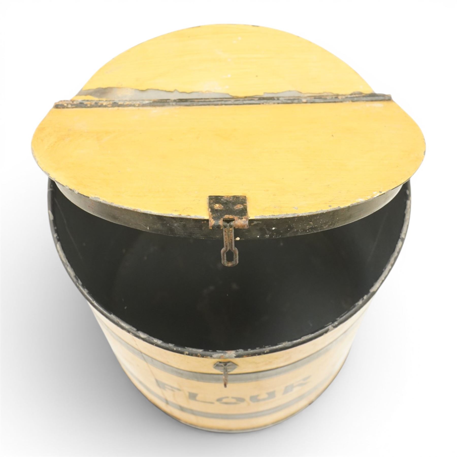 Early 20th century painted pine flour bin, cylindrical form with hinged circular cover, yellow painted ground with black painted bands and stencilled ‘FLOUR’ lettering, fitted with iron hasp and staple fastening