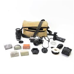 Olympus OM10 SLR camera body serial no. 2255944, with three Olympus OM-System Zuiko lenses...