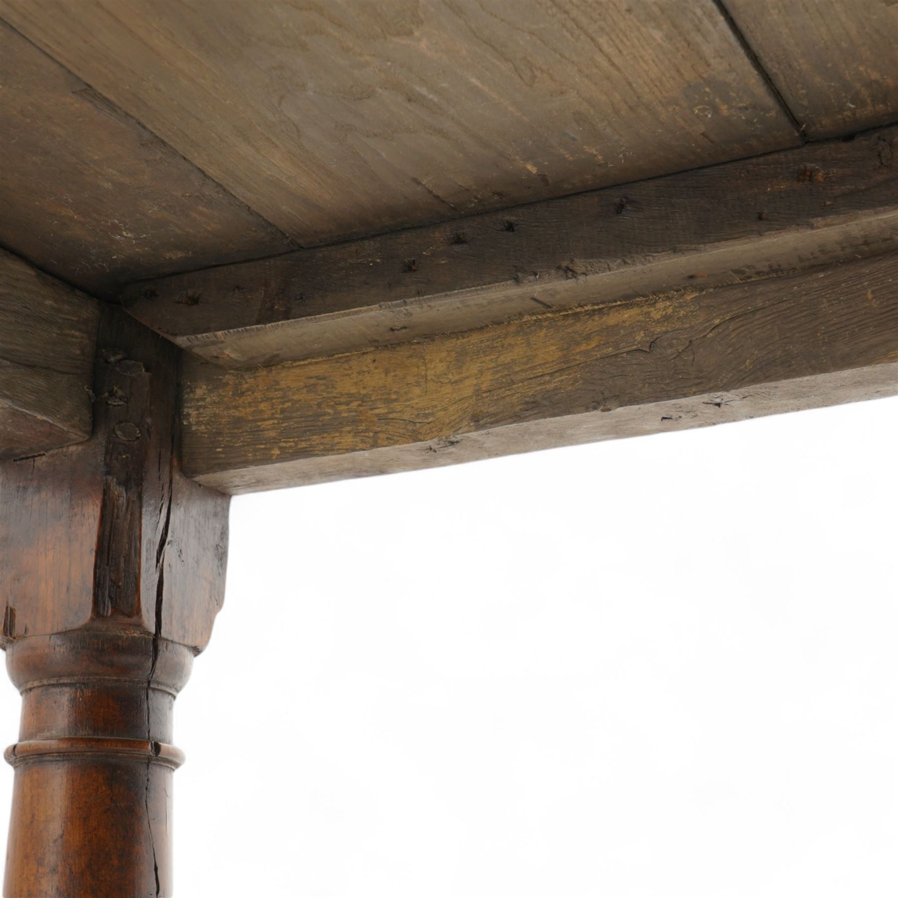 Jacobean design elm and oak refectory dining table, rectangular three plank top with cleated ends, moulded frieze rails on turned supports united by moulded stretcher rail
