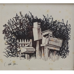  John Husband (New Zealand 20th century): 'High & Dry' and 'Rural Delivery', two pen ink and wash drawings by signed one dated '84, and 'Doctoring Old Time', monochrome print from Illustrated London News 1887 max 37cm x 39cm (3)  
