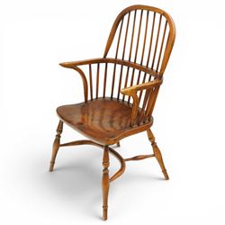 Batheaston Bespoke Furniture Harrogate - set of six (4+2) oak Windsor dining chairs, hoop and stick backs over shaped saddle seats, raised on turned supports united by crinoline stretcher