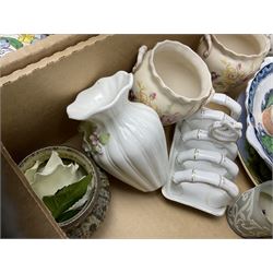 Collection of ceramics to include Bretby jardinière, Royal Worcester, Palissy, Royal Doulton Dickens Ware, Carlton ware, 19th century small dish painted with roses and foliate decoration, lustre, Poole etc in two boxes