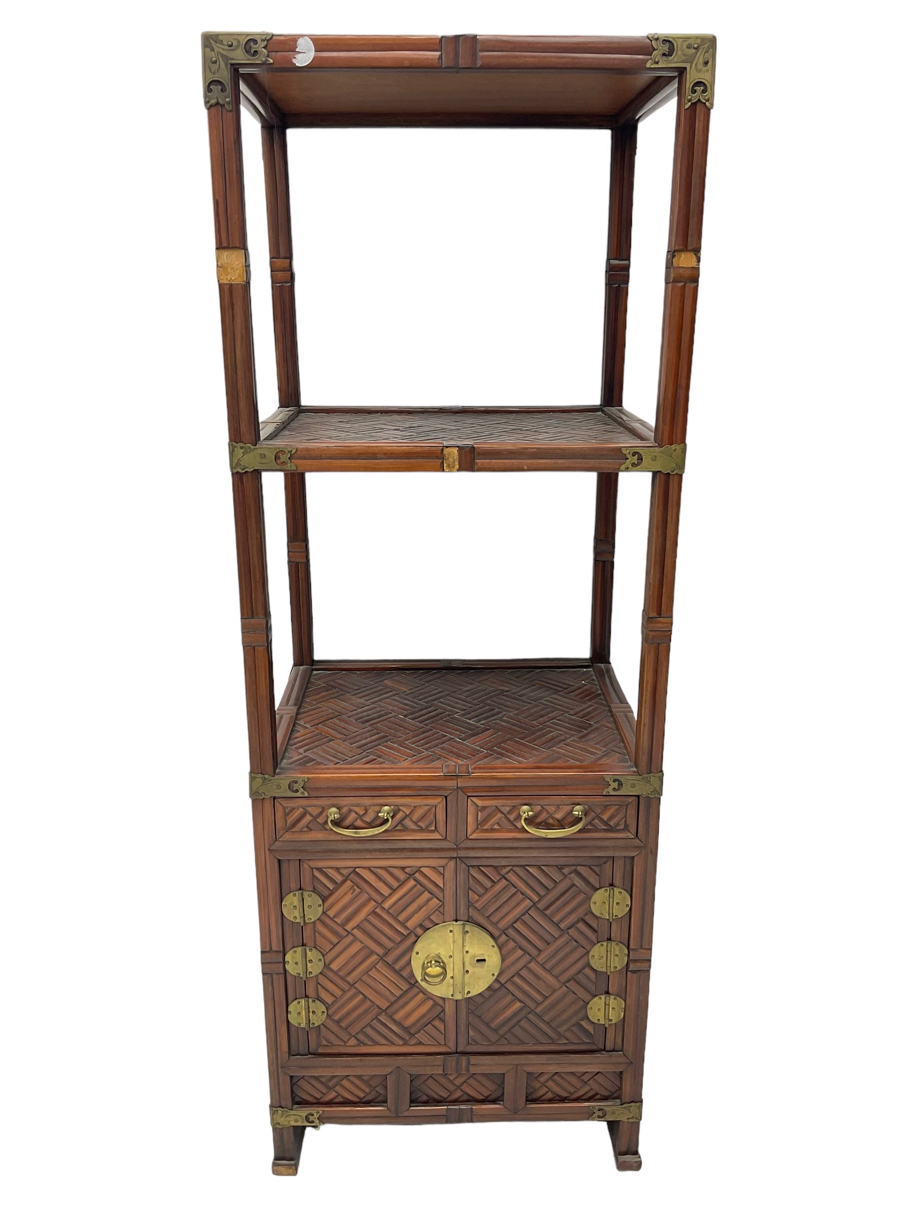 Chinese design bamboo and wood what-not or etagere, parquetry lattice-work bamboo, three tiers over two small drawers and cupboard