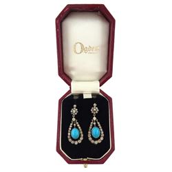 Pair of 19th / early 20th century gold and silver turquoise and old cut diamond pendant earrings, detachable oval cabochon turquoise pendants suspended within graduating diamond surround, total diamond weight approx 2.40 carat