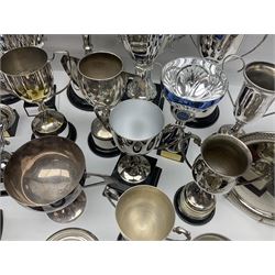 Collection of silver plated and metal trophy cups and winners plaques, all relating to the Burniston and District Show, most engraved with competitions and winner's names, in three boxes 