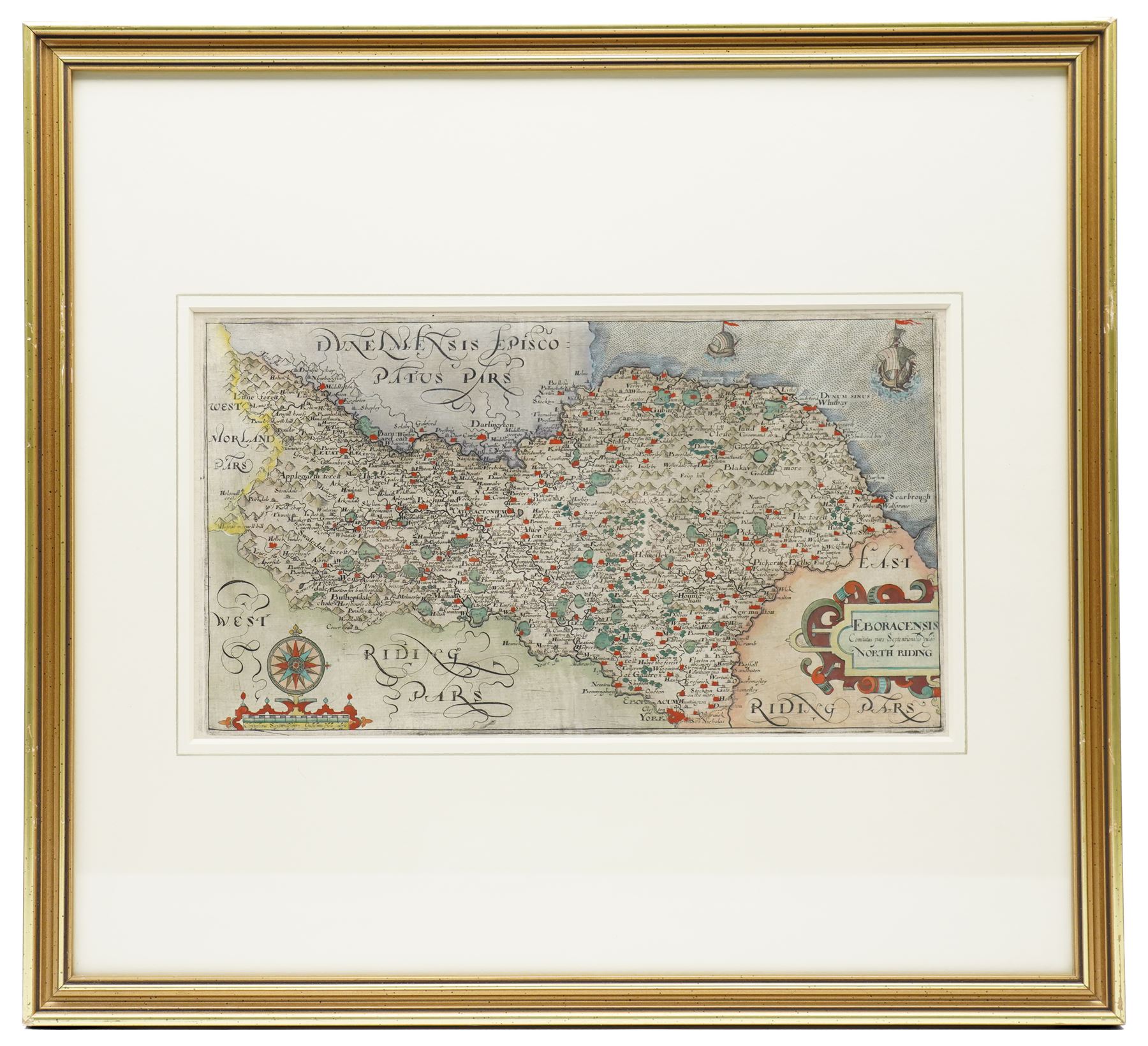 Gulielmus Hole (British ?-1624) and Christopher Saxton (British 1540-1610): 'Eboracensis Comitatus pars Septentrionalis vulgo North Riding', 17th century engraved map of the North Riding Yorkshire with hand-colouring pub. 'Camden's Britannia' c.1607, 21cm x 36cm