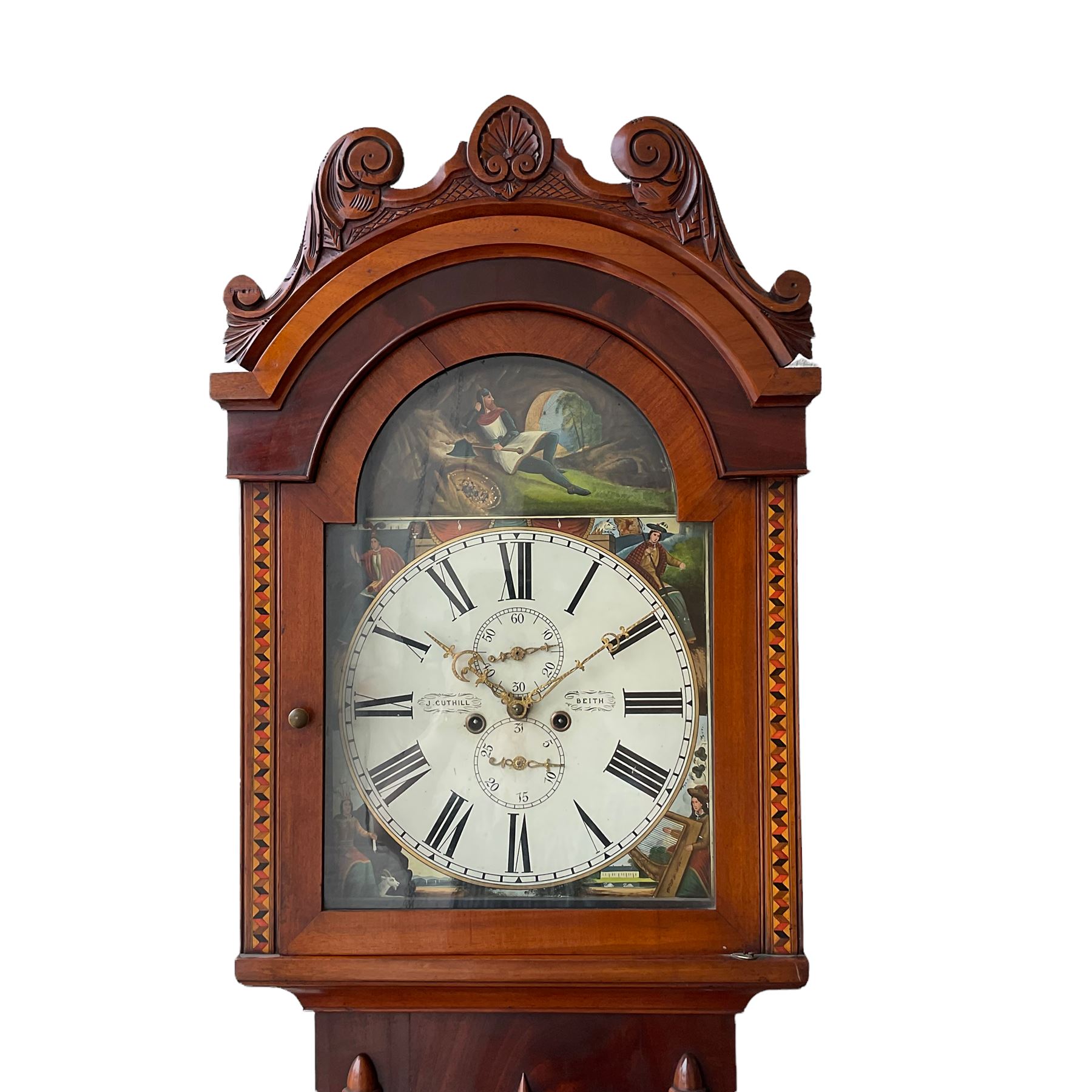 A Scottish longcase clock c 1890 in a contrasting light and dark mahogany veneered case, hood with a carved and crested pediment with a break arch door flanked by inlaid parquetry work, with a short trunk door and applied cushion mouldings, door flanked by half-turned applied columns on a square pediment with a recessed panel, fully painted break arch dial with spandrels representing the united kingdoms of Scotland, England, Ireland and Wales with a depiction of Robert Bruce to the arch, dial with Roman numerals ,minute track, subsidiary calendar dial and seconds dial with matching stamped brass hands, dial inscribed “J Cuthill, Beeth”, with an eight day striking movement,  striking the hours on a cast bell. With pendulum and two flat weights. 
John Cuthill is recorded as working as a watchmaker and clockmaker at 36 Eglington Street, Beith, Ayrshire. 1893.  

