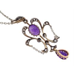 Edwardian silver, gold and platinum amethyst and diamond pendant, oval cut amethyst with old cut and rose cut diamond surround, suspending a pear cut amethyst, on platinum trace link chain necklace