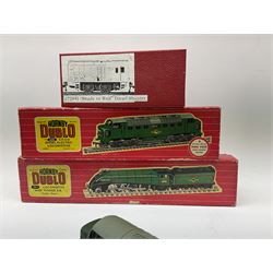 Hornby Dublo - two-rail 3211 Class A4 4-6-2 locomotive 'Mallard' No.60022 in 'Golden Fleece' box; 2232 Deltic Type Diesel Co-Co locomotive in red striped box; and 0-4-0 Diesel Shunter in modern collector's plain red box (3)