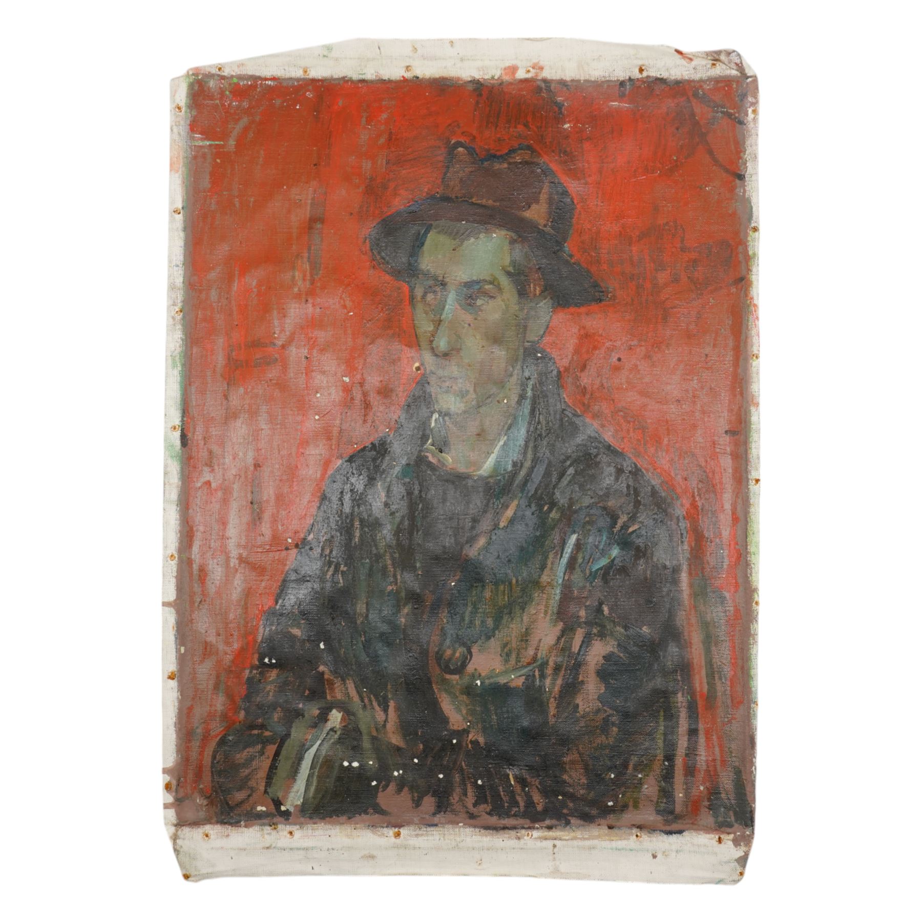 John Gilbey Bowles (British 1929-2011): Portrait of a Man Wearing a Hat on Red, oil on unstretched canvas unsigned 76cm x 63cm (unframed)
Provenance: direct from the family of the artist