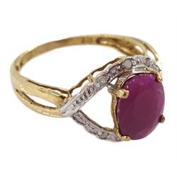 9ct gold oval ruby and diamond ring, stamped 375