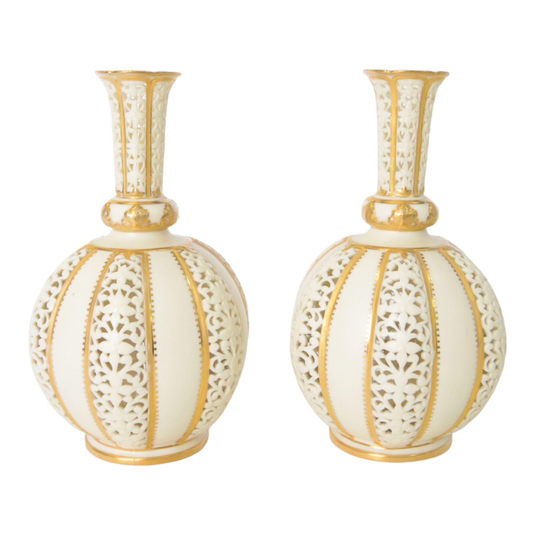 Pair of Grainger & Co. Royal China Works Worcester vases, of globular form with knopped elongated neck, with alternating reticulated panels  and gilt highlights, with printed mark beneath each numbered 1963, H19cm