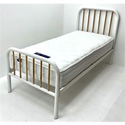 Pair Conran 3’ single beds- white tubular frame with beech spindles, and Silentnight sprung memory foam mattresses