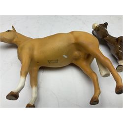 Four Beswick horse figures, comprising Quarter Horse, two Shires no 818 and matt palomino, together with Beswick donkey and Royal Doulton horse on a wooden plinth  