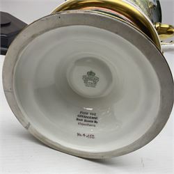 Aynsley twin handled racing cup and cover, to commemorate 'The Golden Jubilee of the Revival of The Yorkshire Cup', the handles inscribed '1927' and '1977', the green body painted by E. Woodhouse with Joe Childs up on Trimdon, the reverse with the winners, the domed cover with a Yorkshire rose finial, limited edition no. 4 of 50, on hexagonal wooden base with certificate, H34cm