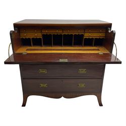 19th century figured mahogany secretaire chest, the fall front top drawer with satinwood band and fan inlaid spandrels, satinwood interior fitted with small drawers and pigeon holes, three graduating drawers below, shaped apron with splayed bracket feet