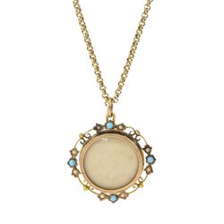 Early 20th century 9ct gold turquoise and seed pearl glazed locket pendant, on later 9ct gold link chain necklace
