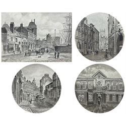 Frederick Schultz Smith (Hull 1860-1925): 'Old North Bridge Hull', monochrome watercolour and ink signed and dated '97, titled in a later hand verso 8.5cm x 12cm; Hull Views, three circular watercolours, two signed, max dia. 15.5cm (unframed) (4) 
Notes: Born in Worthing, Sussex in 1860, F S Smith came to Hull as a small child and lived most of his life in the old St. John's Wood area in west Hull; he was still drawing in his sixties shortly before his death in 1925. Much like his near contemporary and fellow Yorkshire artist Albert Thomas Pile (1882-1981), his drawings are visual 'snapshots' in time, often produced to record buildings that were due to be demolished. Smith was commissioned to produce around three hundred drawings for C E Fewster, a paint maker in Hull who collected historical records. Some were also used as illustrations in books and newspapers, such as the Eastern Morning News, whilst others were sold to the owners of premises which he had drawn.