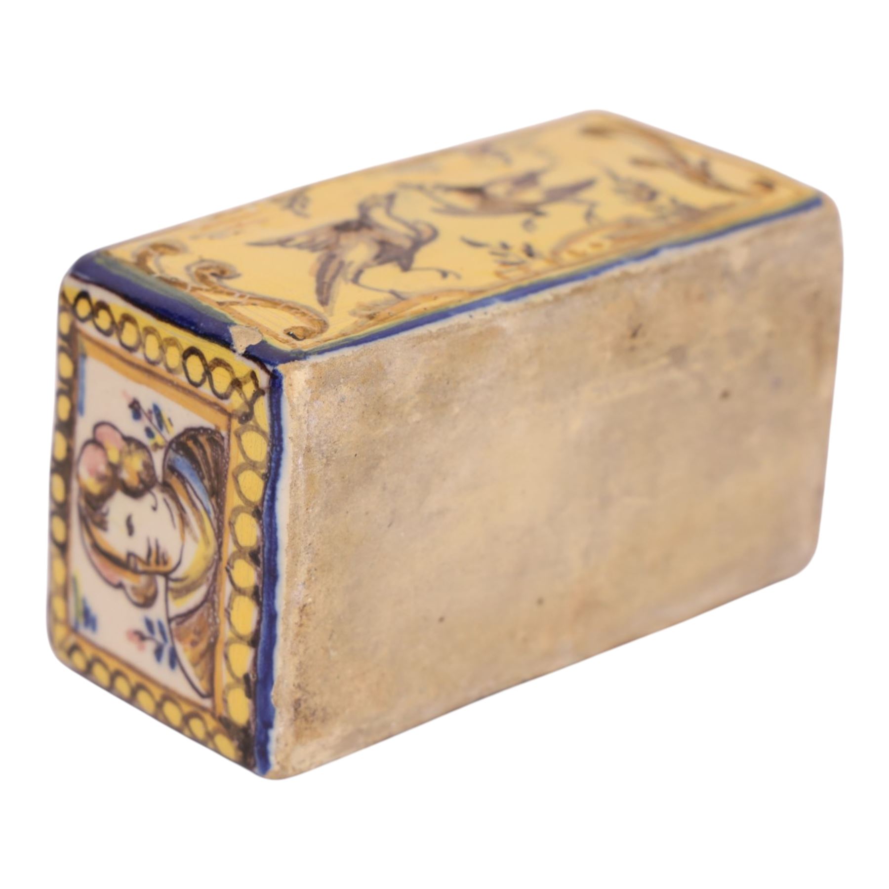 19th century Spanish faience pot of rectangular form with polychrome tin glaze decorated depicting birds and rabbits upon a yellow ground, H6cm, L12cm