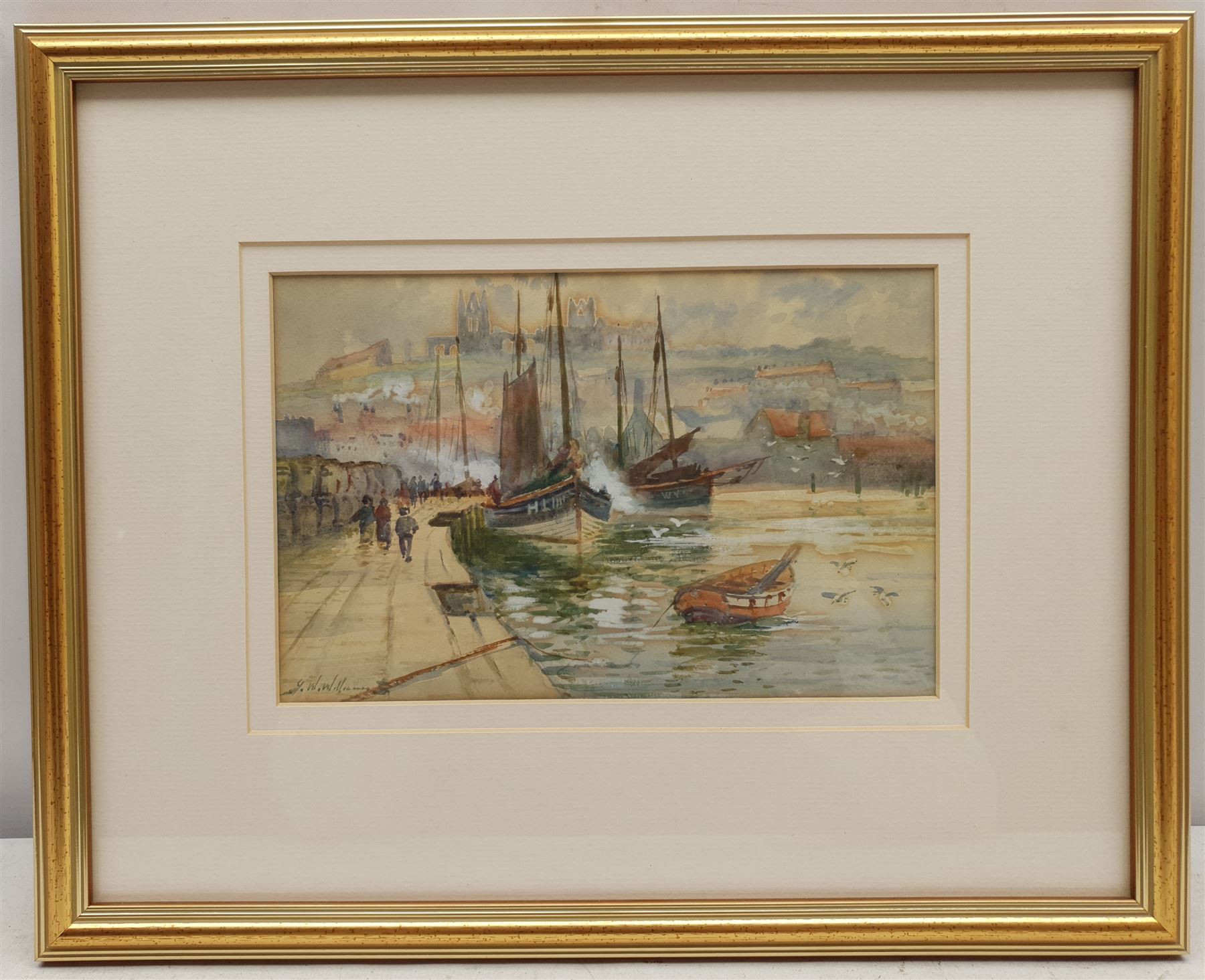 John Wynne Williams (British fl.1900-1920): Whitby Harbour with view of Abbey and Hull and Whitby Fishing Boats Anchored, watercolour signed 15cm x 23cm