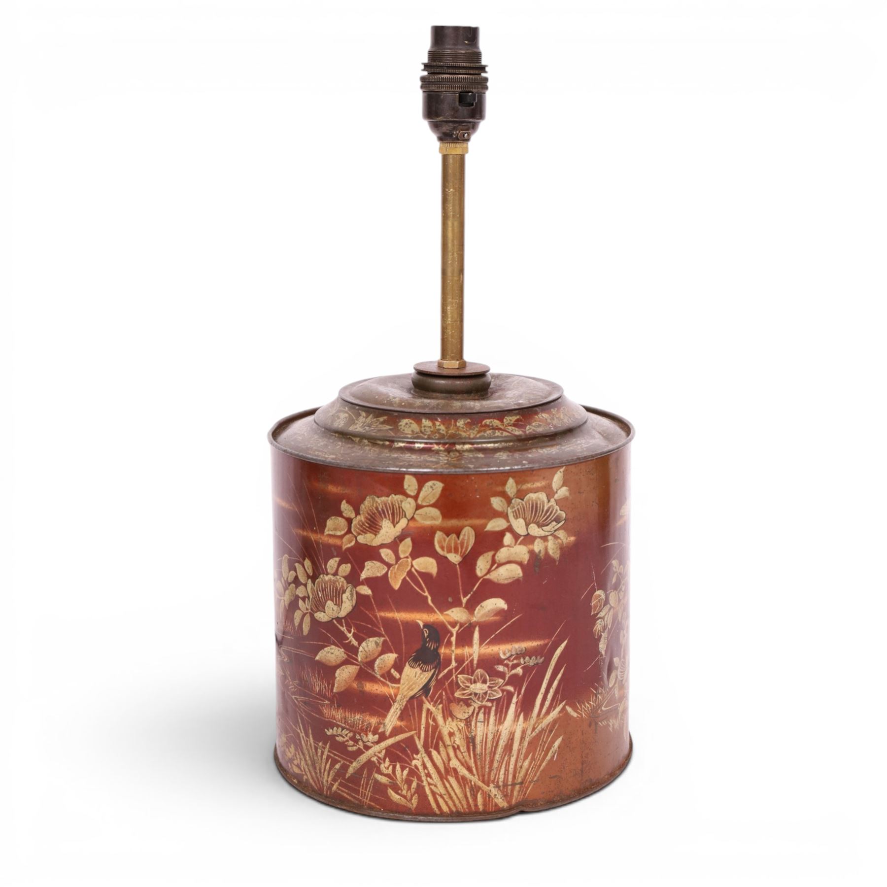 19th century - S. Parkinson & Son of Doncaster, toleware confectionary tin converted into a lamp, decorated with birds in foliage, with impressed maker's marks beneath, H37cm