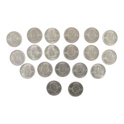 Nineteen Belgian silver one-hundred franc coins 1948-1951