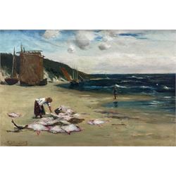 Edwin John Ellis (British 1841-1895): Fishwife Cleaning Skate on the Shore, oil on canvas signed 35cm x 53cm