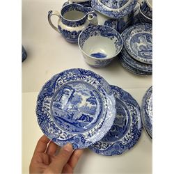 Spode Italian pattern tea service, comprising teapot, milk jug, open sucrier, six cups and saucers, two coffee cans and saucers, six dessert plates, four mugs and a sandwich plate (30) 