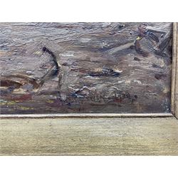 Owen Bowen (Staithes Group 1873-1967): Barges at the Riverside, oil on canvas signed and dated 1909, 40cm x 60cm