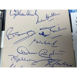 1949 England cricket team signatures including Hutton, Compton, Edrich, Laker etc on loose album page; and large quantity of other autographs of predominantly TV Soap Opera stars from Last of the Summer Wine, Eastenders, Emmerdale, Coronation Street, Heartbeat etc and other TV/Film personalities; on promotional photographs and clipped fragments of paper etc