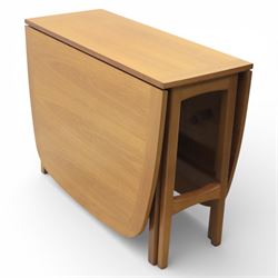 Nathan - teak drop leaf dining table, the rectangular top with rounded corners fitted with twin hinged drop leaves and gate legs, extended to form an oval table 174cm in length, raised on square section supports united by stretchers