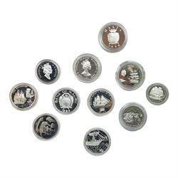 Eleven silver coins from 'The Official Silver Commemorative Coin Collection Ships and Explorers' all with certificates, housed in the official collectors case